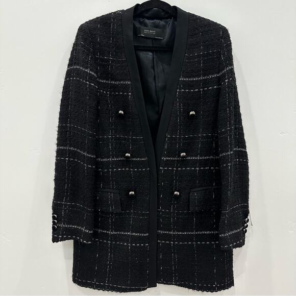 NWT Zara Black Textured Tweed Checked Frock Coat. - Picture 7 of 12